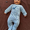 baby, blanket, blue, blueberries, brown, child, cozy, cute, dinosaur, face, happy, indoor, infant, little_dude, lying_down, onesie, person, smile, soft_texture, text