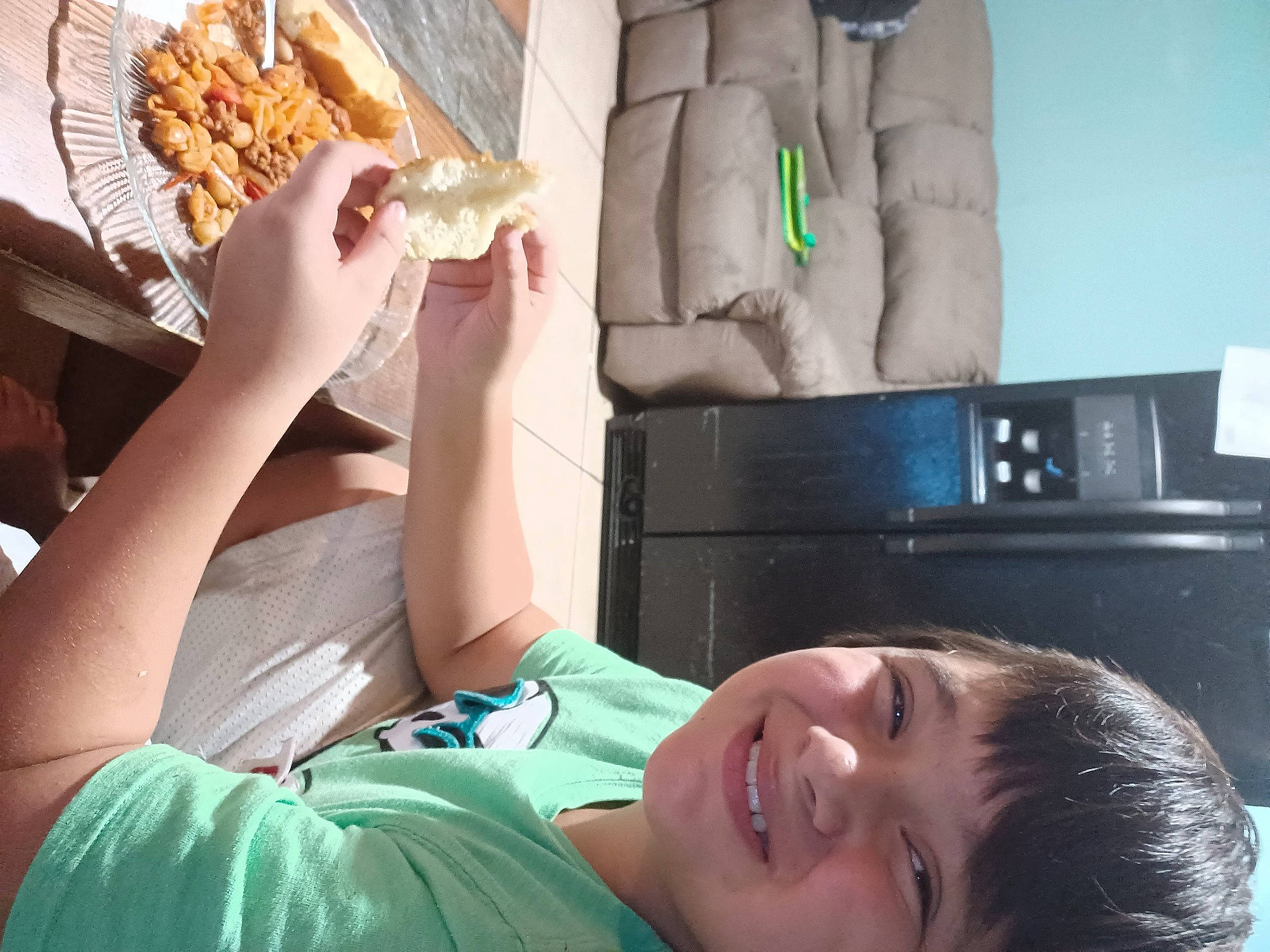 Scott joined the competition — help win amazing prizes! arm, chest, child, comfort, cuisine, face, fast_food, finger, food, gluten, happy, human_leg, ingredient, joy, leg, mouth, muscle, person, photograph, smile