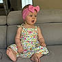 Lou participe au concours pour gagner de l'argent avec cette photo : toddler, child, baby, pink_bow, headband, floral_dress, sitting, couch, indoor, curious, expression, barefoot, furniture, home, person, cute, young_child, portrait, colorful, casual