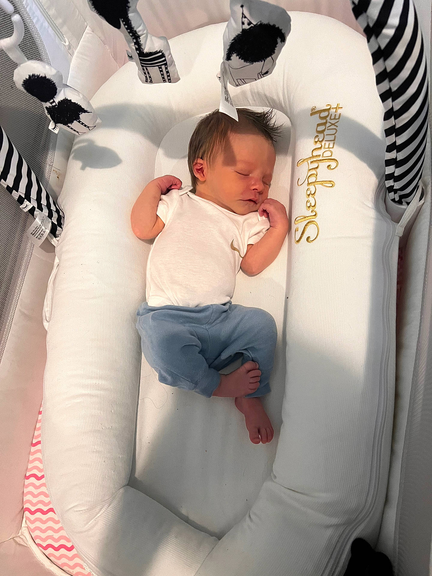 Jeremiah is registered to the contest to win money with this photo: baby, bed, blanket, clothing, crib, face, furniture, head, infantbed, pants, person