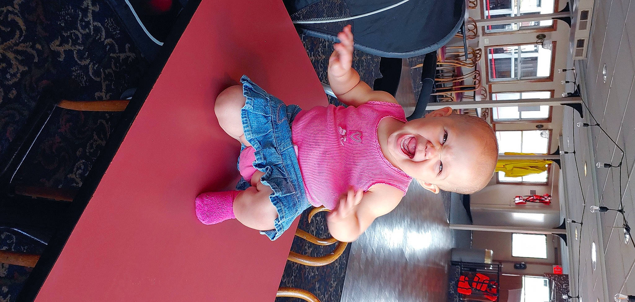 Marlie is registered to the contest to win money with this photo: baby, baby_toddler_clothing, child, cool, finger, fun, hat, human_body, human_leg, knee, leg, magenta, pattern, person, pink, purple, room, smile, sock, thigh