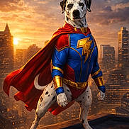 Lulu participe au concours pour gagner de l'argent avec cette photo : animal, blue_suit, buildings, cape, cityscape, clouds, costume, dalmatian, dog, fantasy, gold_accents, heroic_pose, red_cape, rooftop, sky, spots, standing, sunset, superhero_costume, vibrant_colors