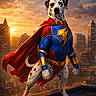 animal, blue_suit, buildings, cape, cityscape, clouds, costume, dalmatian, dog, fantasy, gold_accents, heroic_pose, red_cape, rooftop, sky, spots, standing, sunset, superhero_costume, vibrant_colors