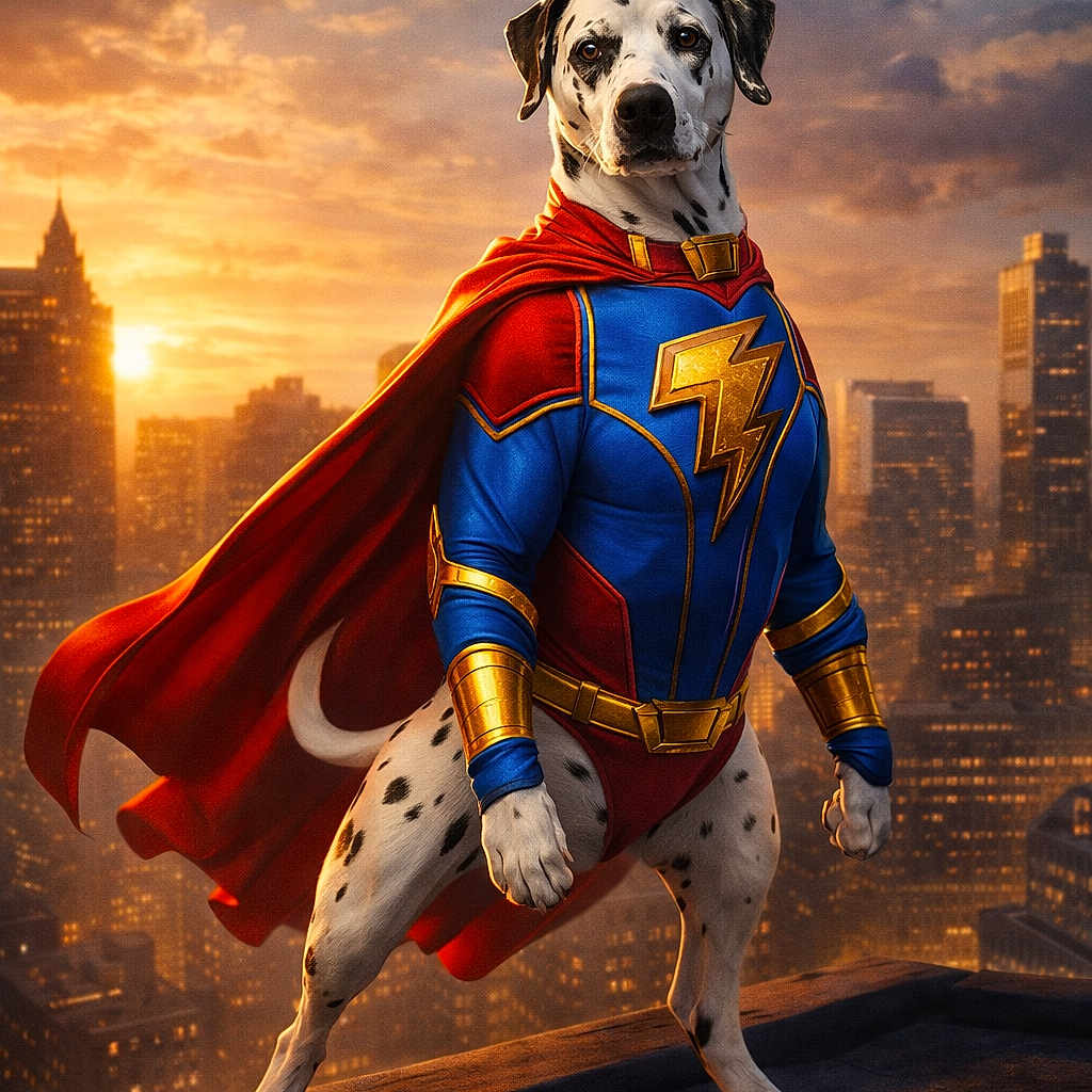 Lulu participe au concours pour gagner de l'argent avec cette photo : animal, blue_suit, buildings, cape, cityscape, clouds, costume, dalmatian, dog, fantasy, gold_accents, heroic_pose, red_cape, rooftop, sky, spots, standing, sunset, superhero_costume, vibrant_colors