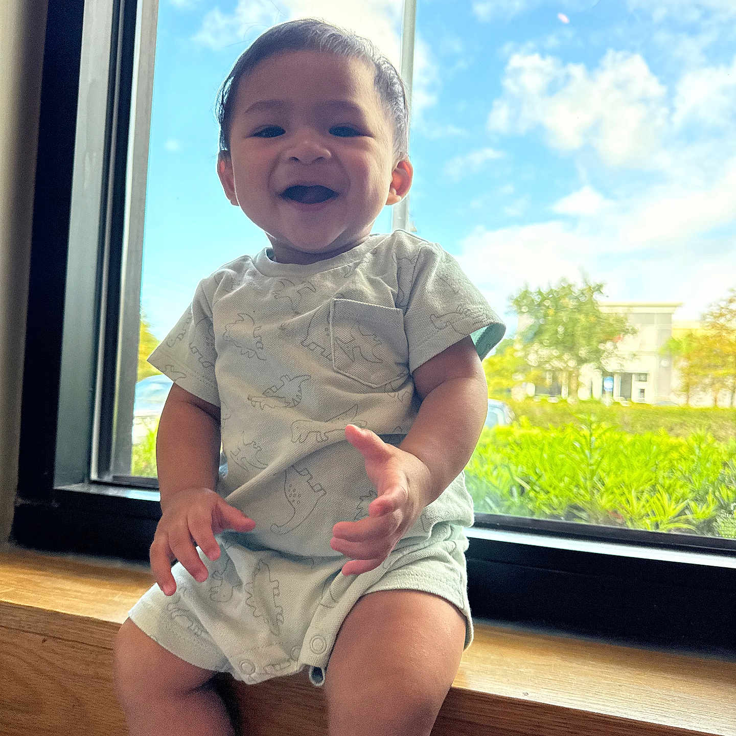Tyson is registered to the contest to win money with this photo: baby, casual, child, clouds, cute, dinosaur_pattern, greenery, happy, infant, ledges, natural_light, outdoor, portrait, shorts, sitting, sky, smiling, tshirt, window, wood