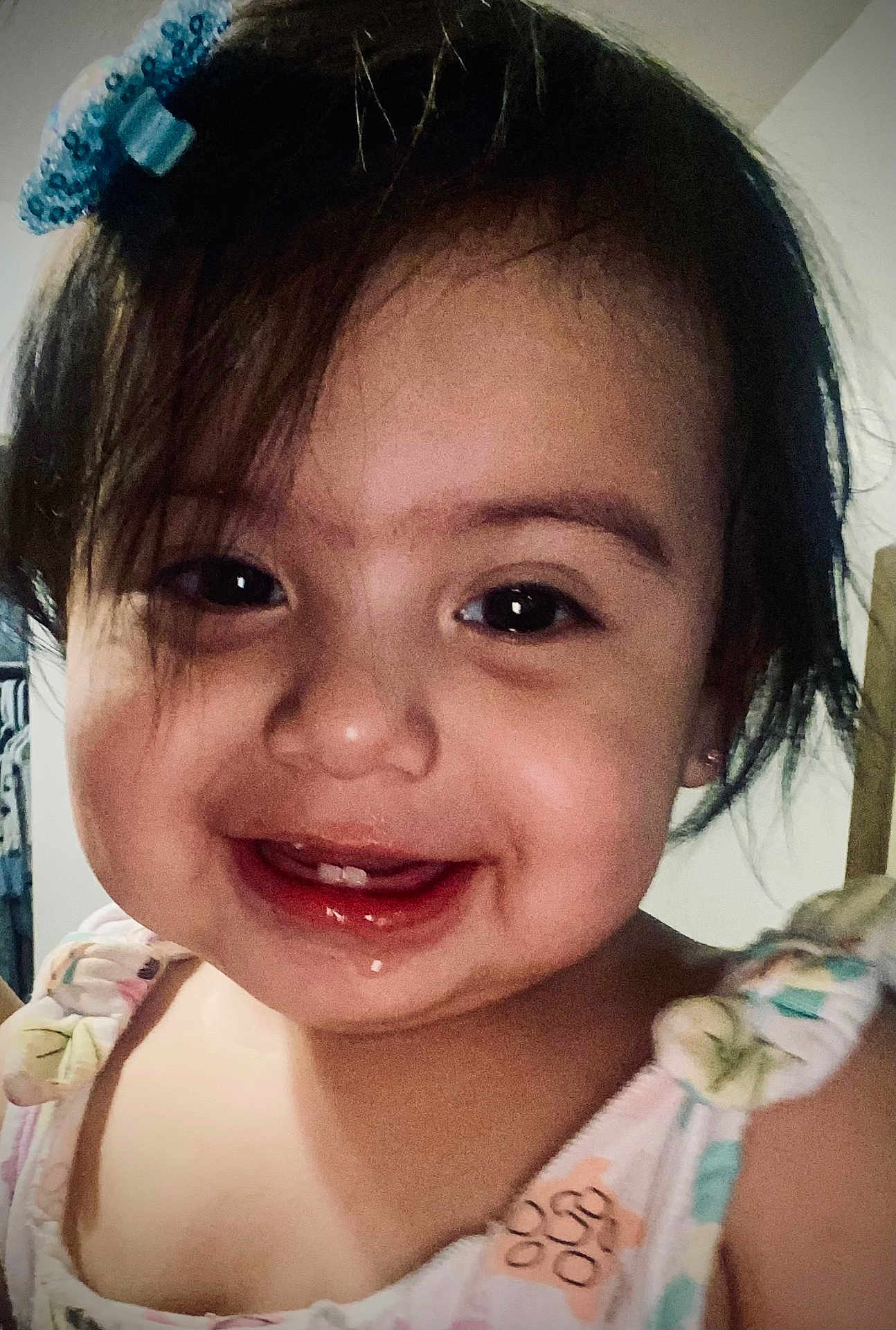 Oakley joined the competition — help win amazing prizes! toddler, child, smiling, face, hair_clip, dress, indoor, portrait, happy, young_child, cute, person, skin, eyes, mouth, cheeks, shoulders, clothing, baby, head
