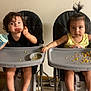 toddler, child, high_chair, snack, bottle, food, mess, indoor, carpet, wall, plastic_tray, footwear, curly_hair, ponytail, black_clothing, yellow_clothing, floor, expression, person, baby
