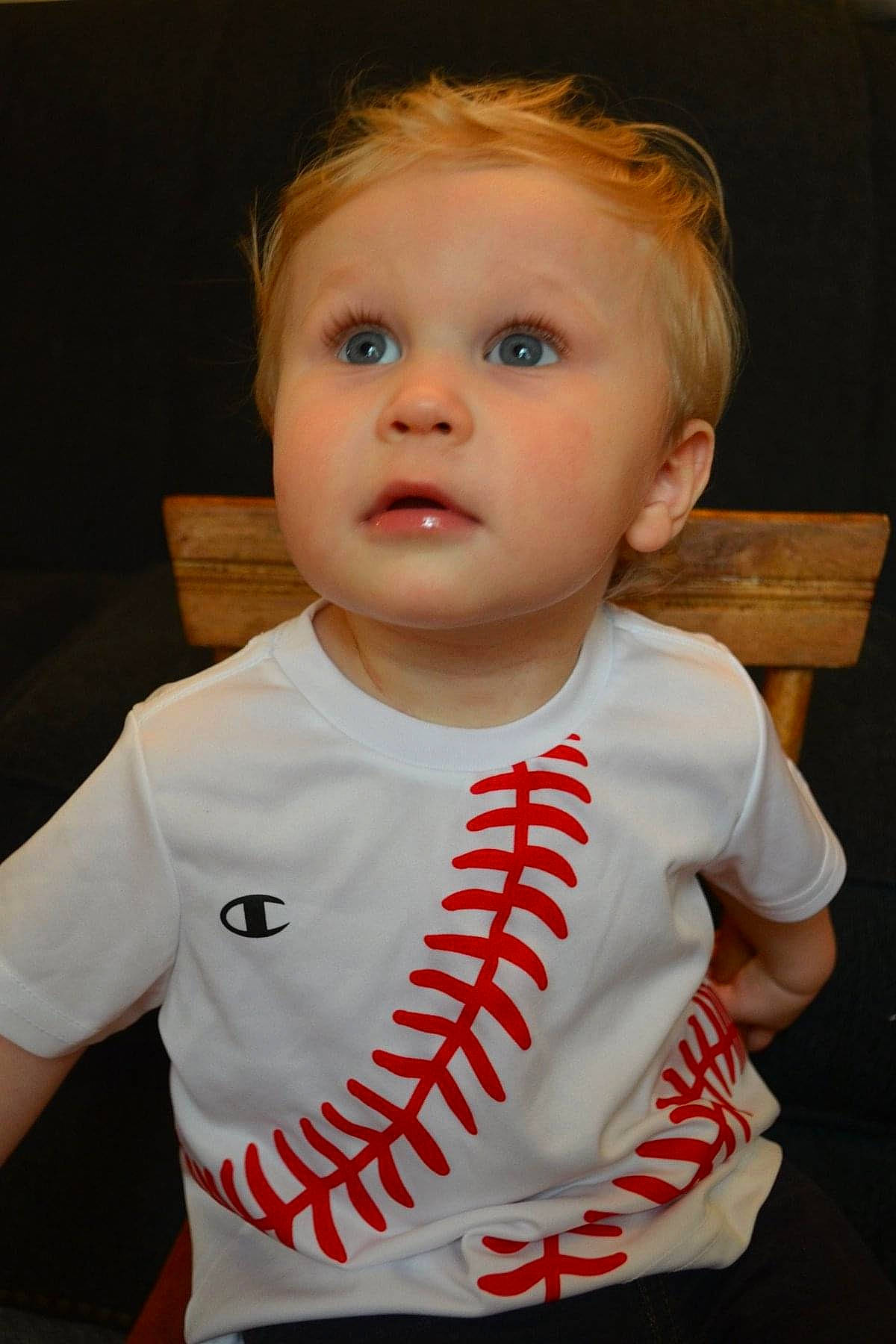 Warren joined the competition — help win amazing prizes! baby, blond, cheek, child, child_model, chin, eye, face, forehead, head, lip, neck, nose, person, skin, sleeve, smile, standing, surprise, t_shirt