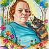animal, art, blue_shirt, calico_cat, cat, colorful, curly_hair, flowers, garden, illustration, nature, outdoor_scene, painting, person, portrait, red_hair, stream, trees, watercolor, whimsical