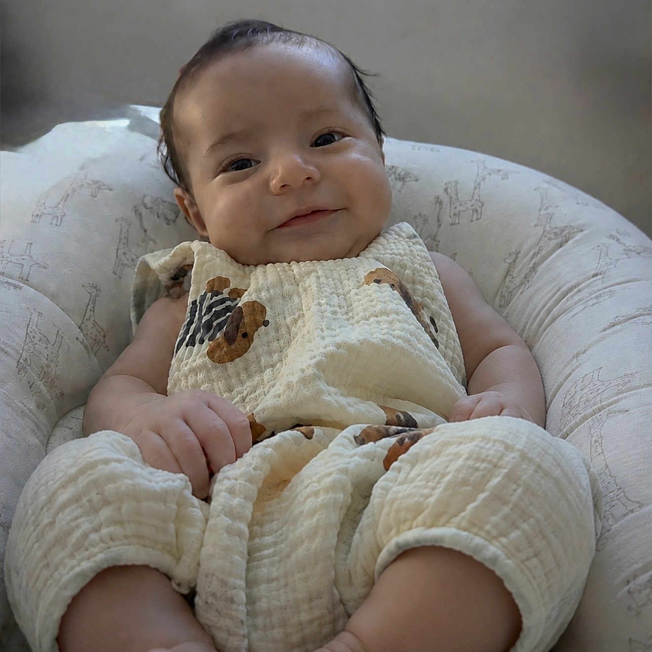 Noah Aurelius joined the competition — help win amazing prizes! baby, smile, cushion, chair, infant, clothing, foot, hand, face, giraffe_print, pattern, comfortable, cute, indoors, portrait, child, relaxed, soft_light, happy, seated