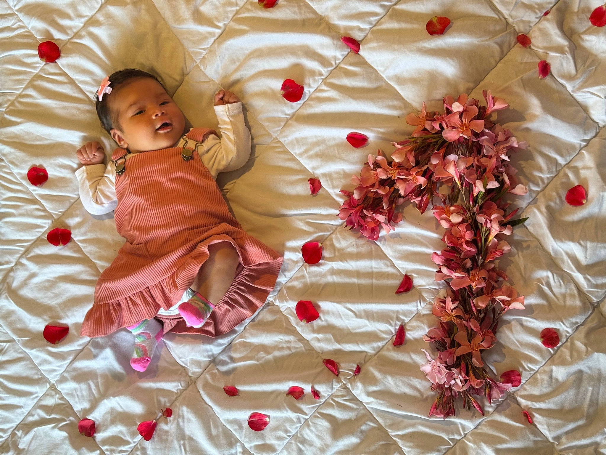 Khanaë participe au concours pour gagner de l'argent avec cette photo : baby_toddler_clothing, dress, event, fashion_accessory, fictional_character, flower, happy, interior_design, linens, magenta, pattern, peach, person, petal, pink, plant, textile, toddler, tree, twig