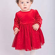 Julia participe au concours pour gagner de l'argent avec cette photo : toddler, child, red_dress, white_tights, standing, curly_hair, portrait, studio, indoor, cute, young_child, fashion, full_body, expression, innocent, female_child, clothing, person, isolated, background