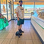man, dog, french_bulldog, store, indoor, tile_floor, casual_clothing, cap, window, daylight, mountains, chair, table, counter, leash, pet, retail, shopping, animal, person