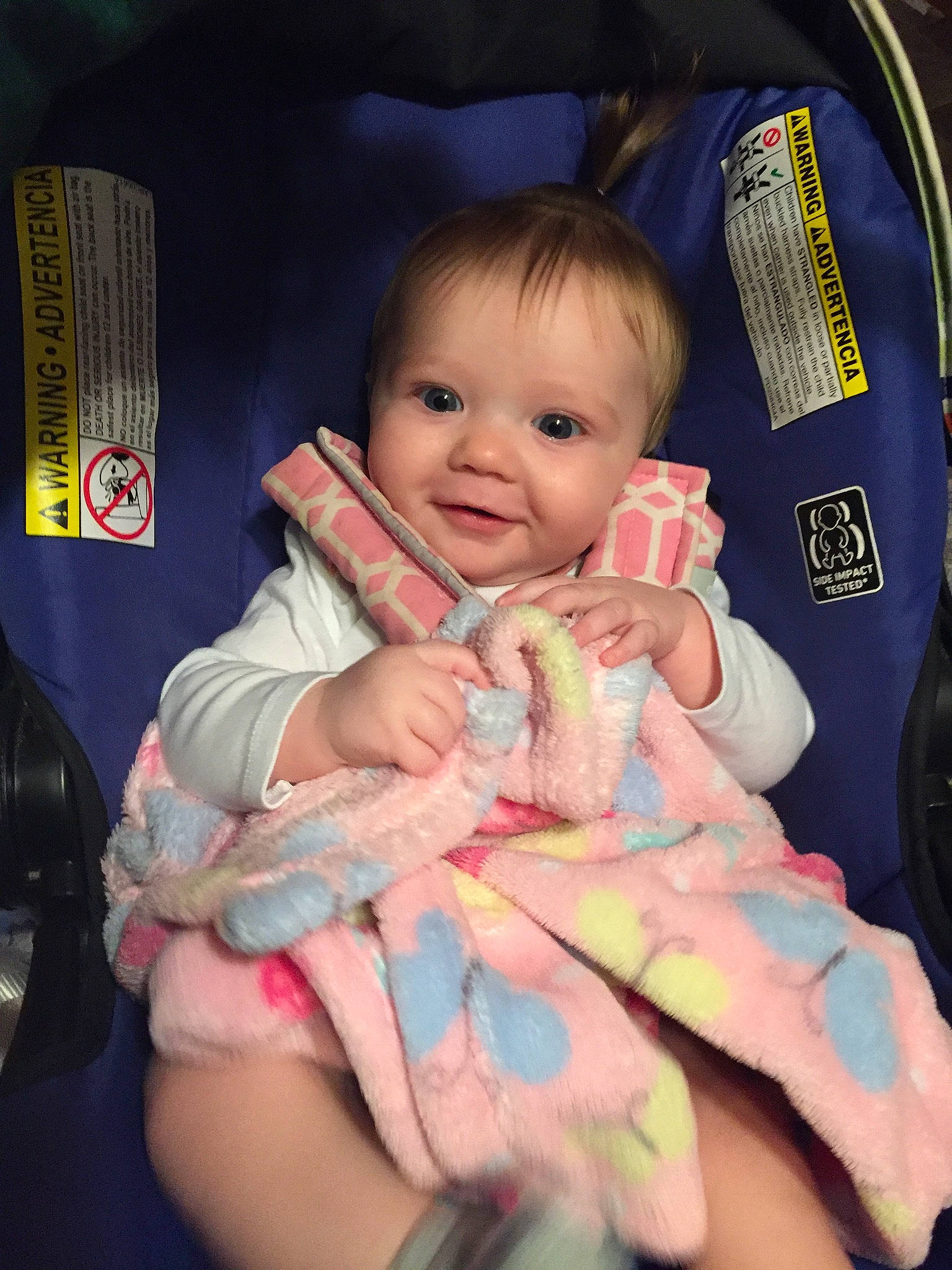 Adalee is registered to the contest to win money with this photo: baby, baby_in_car_seat, beauty, car_seat, cheek, child, daughter, eye, iris, person, pink, product, skin, smile, thumb, toddler