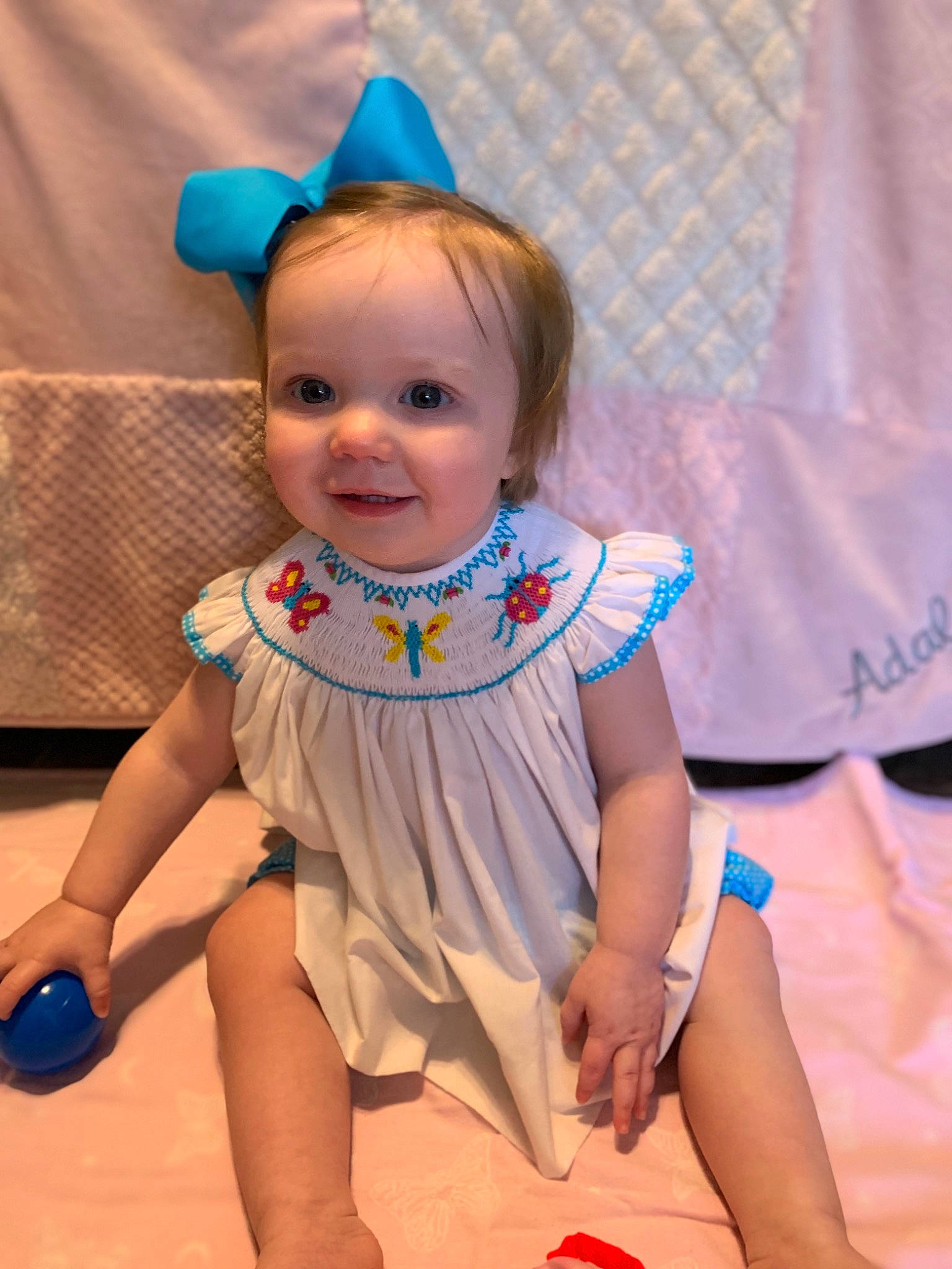 Adalee joined the competition — help win amazing prizes! baby, baby_toddler_clothing, child, hair_accessory, person, smile, toddler