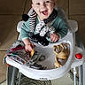 baby, walker, toy, smiling, indoor, floor, tile, child, happy, infant, person, play, seat, cute, small, fun, childhood, joy, young, home
