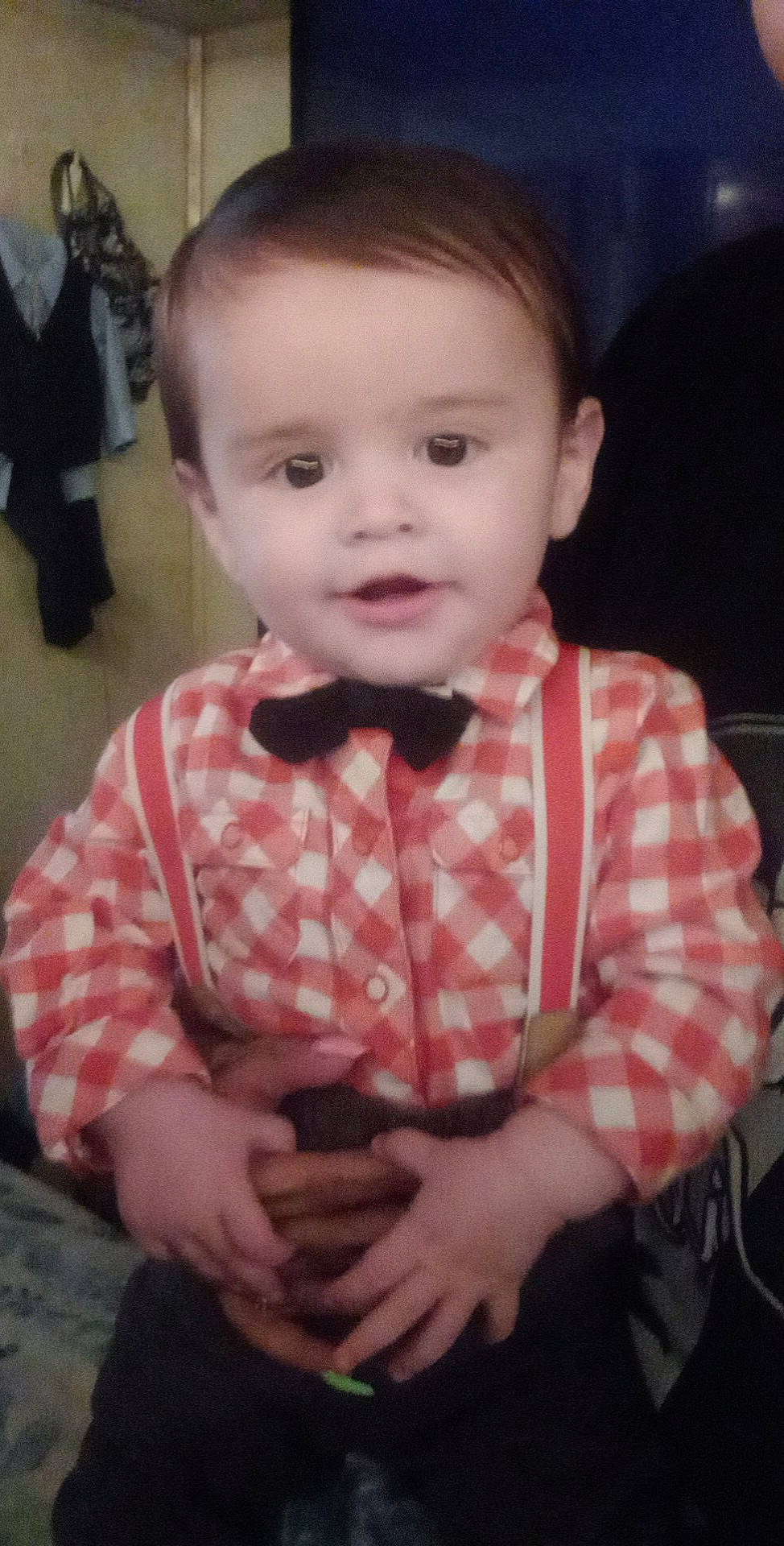 Sean Jr is registered to the contest to win money with this photo: baby, baby_toddler_clothing, cheek, child, collar, dress_shirt, eyelash, formal_wear, hairstyle, lip, neck, nose, pattern, person, pink, plaid, skin, sleeve, tartan, tie