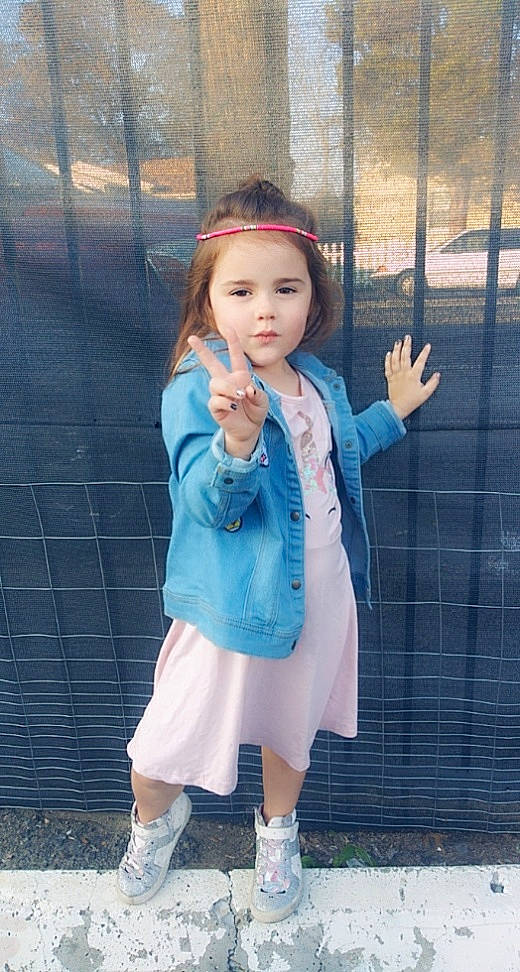 Sophiea joined the competition — help win amazing prizes! azure, baby_toddler_clothing, clothing, denim, electric_blue, face, fashion, fence, happy, headwear, leg, leisure, long_hair, outerwear, pattern, person, plaid, sleeve, street_fashion, textile