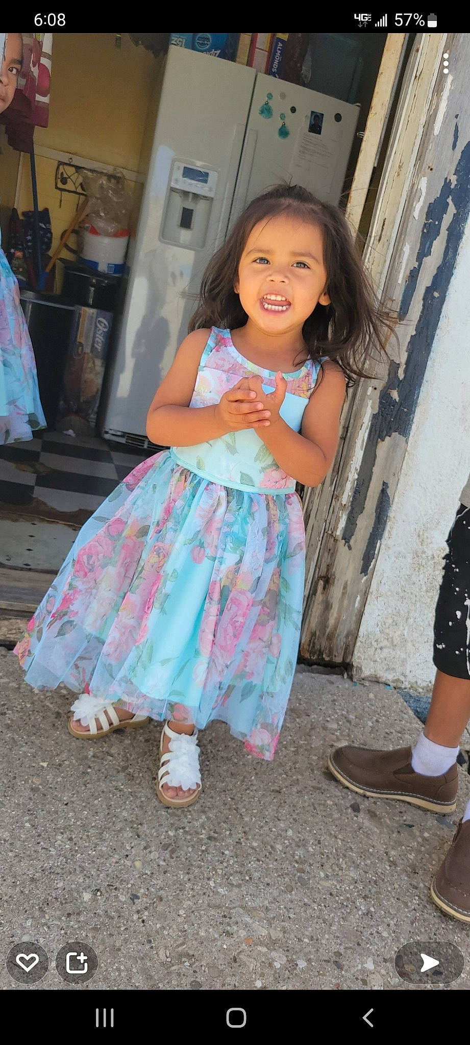 Violet is registered to the contest to win money with this photo: day_dress, dress, eye, face, fashion_design, footwear, happy, head, iris, joint, leg, neck, person, pink, shoe, shoulder, skin, sleeve, smile, street_fashion