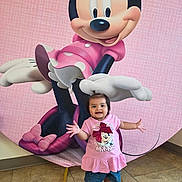 Lilah joined the competition — help win amazing prizes! child, toddler, baby, smiling, standing, indoor, portrait, minnie_mouse, cartoon_character, pink, dress, shirt, shorts, barefoot, toy, backdrop, birthday, playful, happy, photography