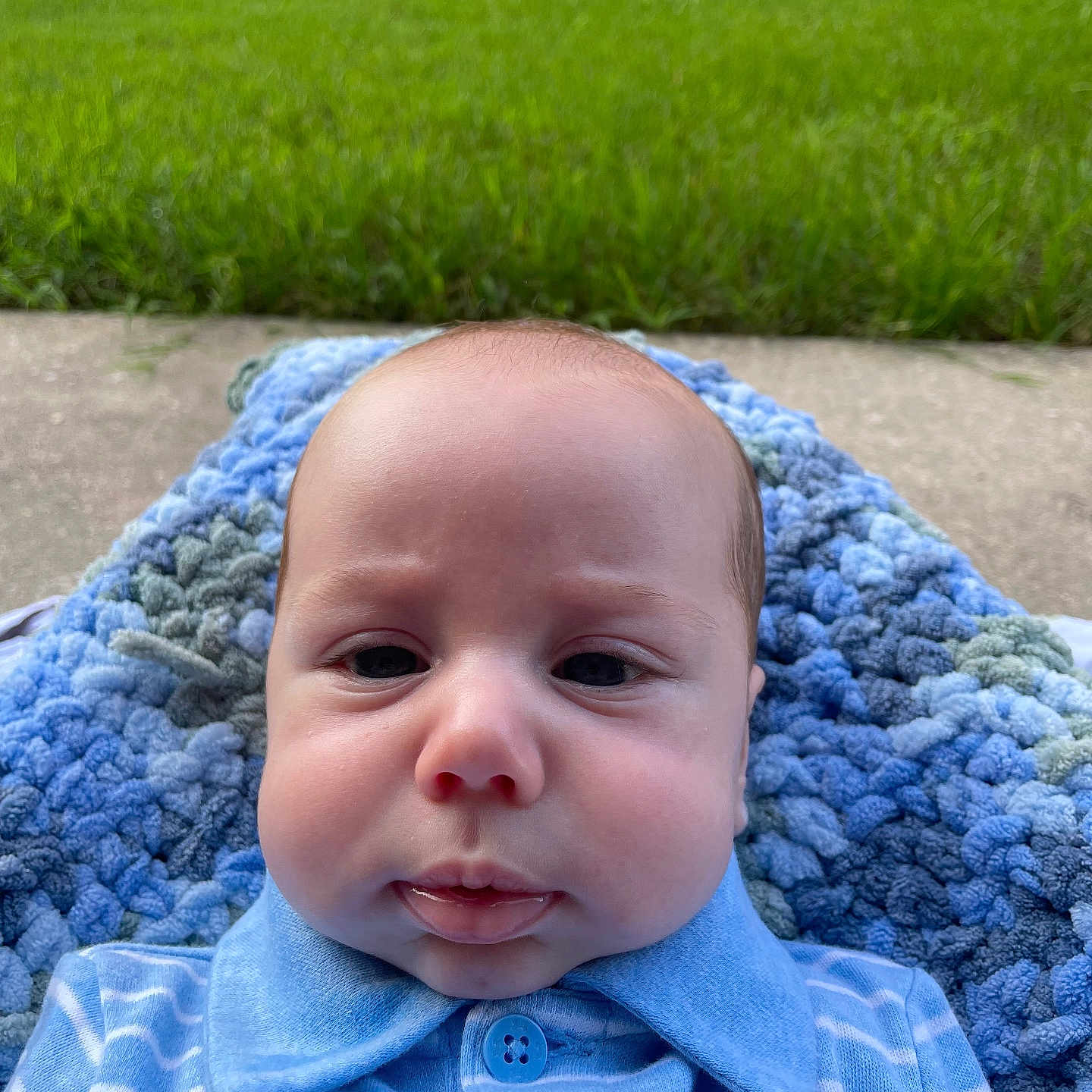 Arthur joined the competition — help win amazing prizes! baby, backyard, blanket, clothing, face, grass, head, lawn, nature, outdoors, park, person, photography, plant, portrait, quilt, shirt, towel, tree, yard
