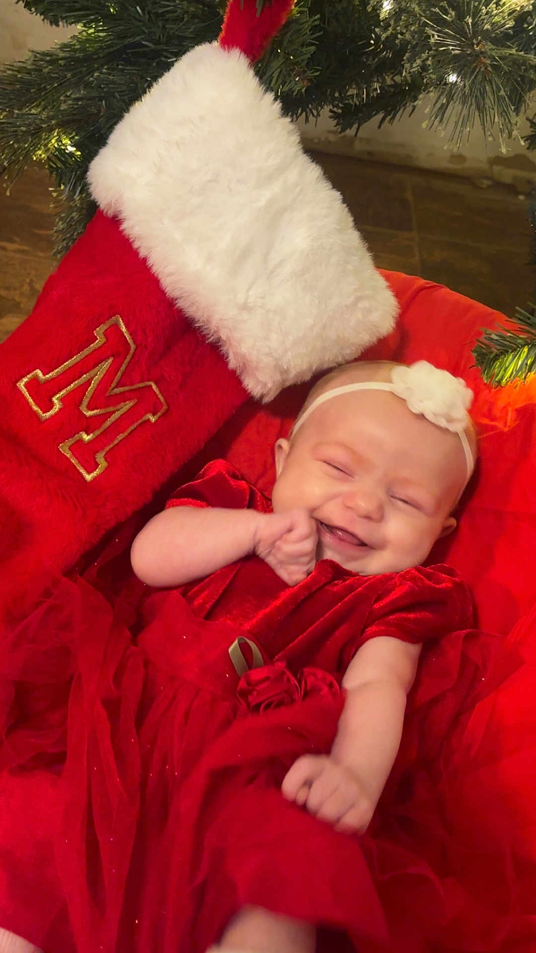 Mary Ann is registered to the contest to win money with this photo: baby, celebration, child, christmas_stocking, christmas_tree, cute, decoration, festive, happy, headband, holiday, holiday_clothing, indoor, infant, joy, person, red_dress, seasonal, smile, smiling