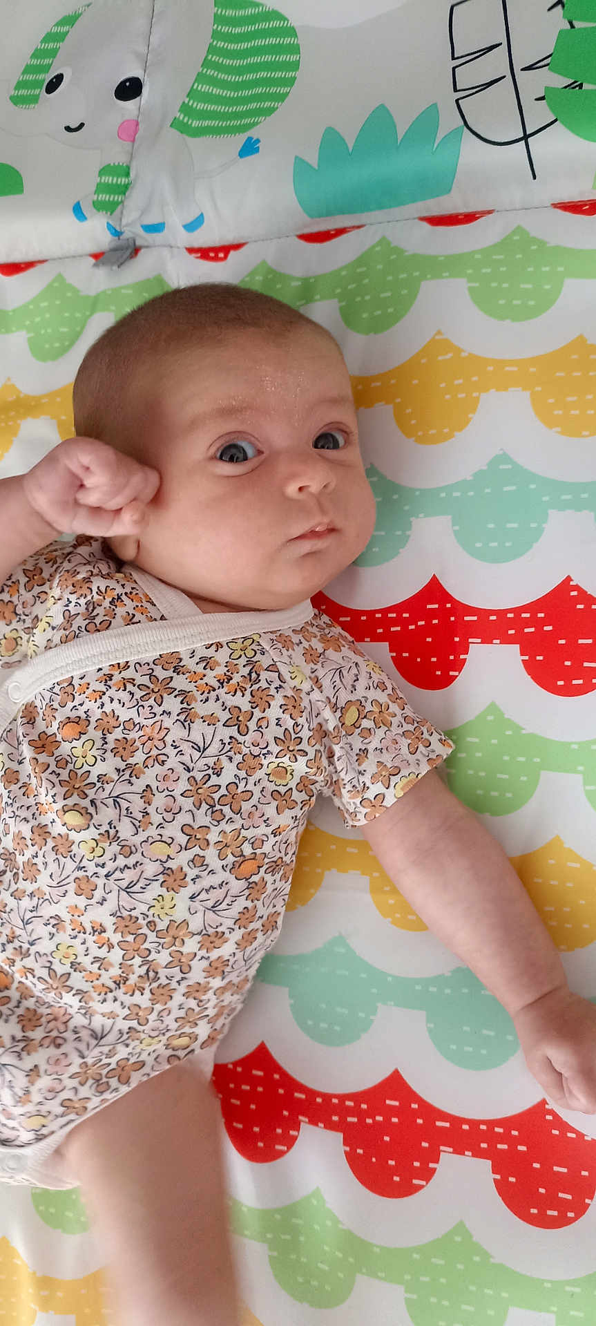 Romy participe au concours pour gagner de l'argent avec cette photo : baby, infant, child, floral_clothing, patterned_mat, colorful_background, lying_down, fist, curious_eyes, cute, indoor, soft_lighting, skin, head, arm, onesie, person, small_child, baby_garment, playmat