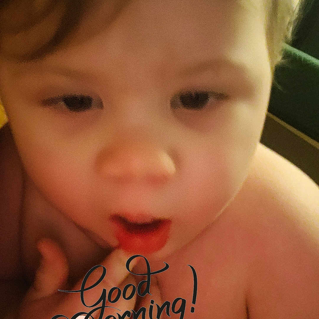 Everleigh joined the competition — help win amazing prizes! baby, child, infant, portrait, close_up, face, sleepy, curious, expression, eyes, nose, mouth, blond_hair, skin, morning, text_overlay, heart, indoor, warm_lighting, selfie
