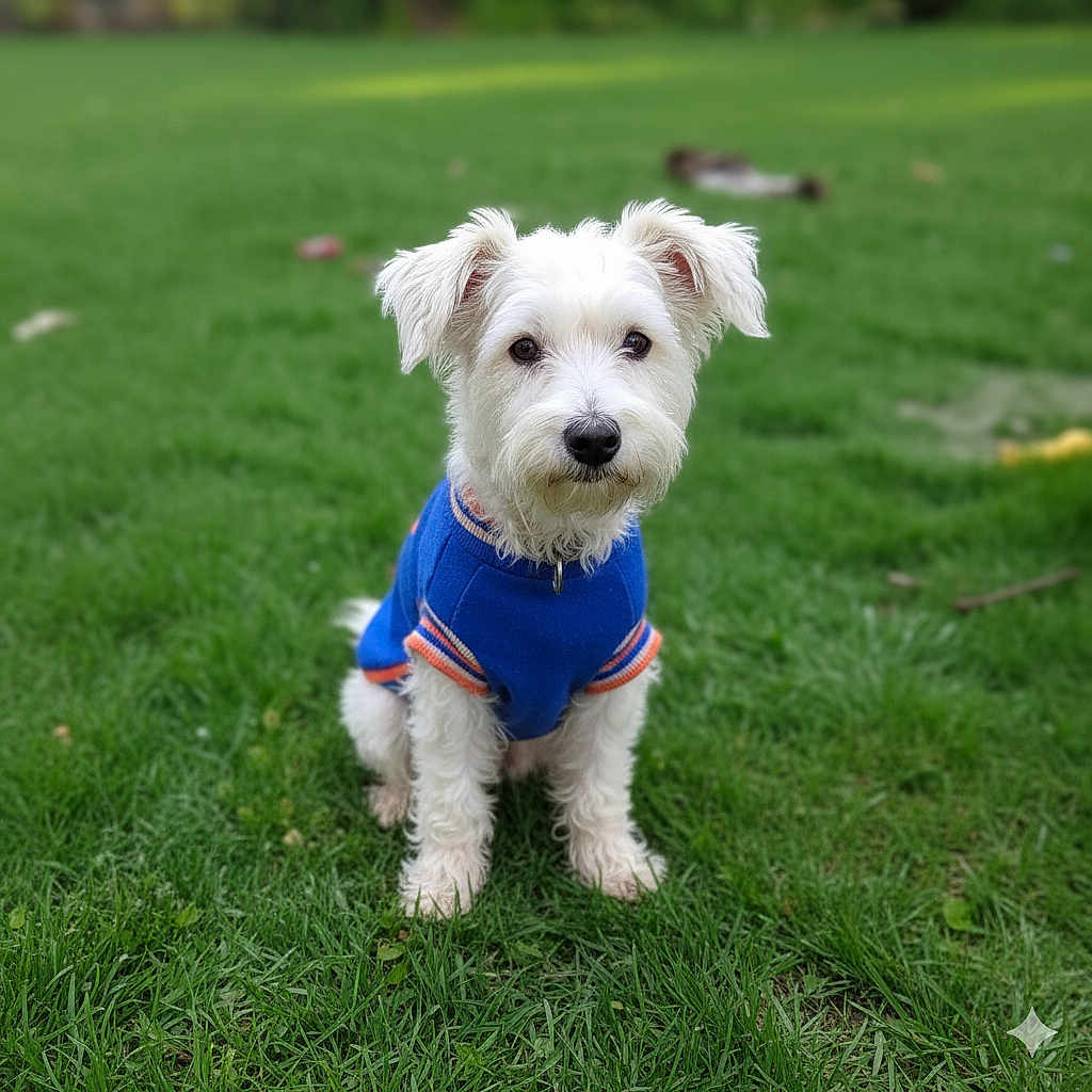 Gigio joined the competition — help win amazing prizes! animal, blue_sweater, canine, collar, cute, dog, ears, eyes, fluffy, fur, grass, greenery, nature, outdoor, pet, portrait, sitting, small_dog, sweater, white_dog