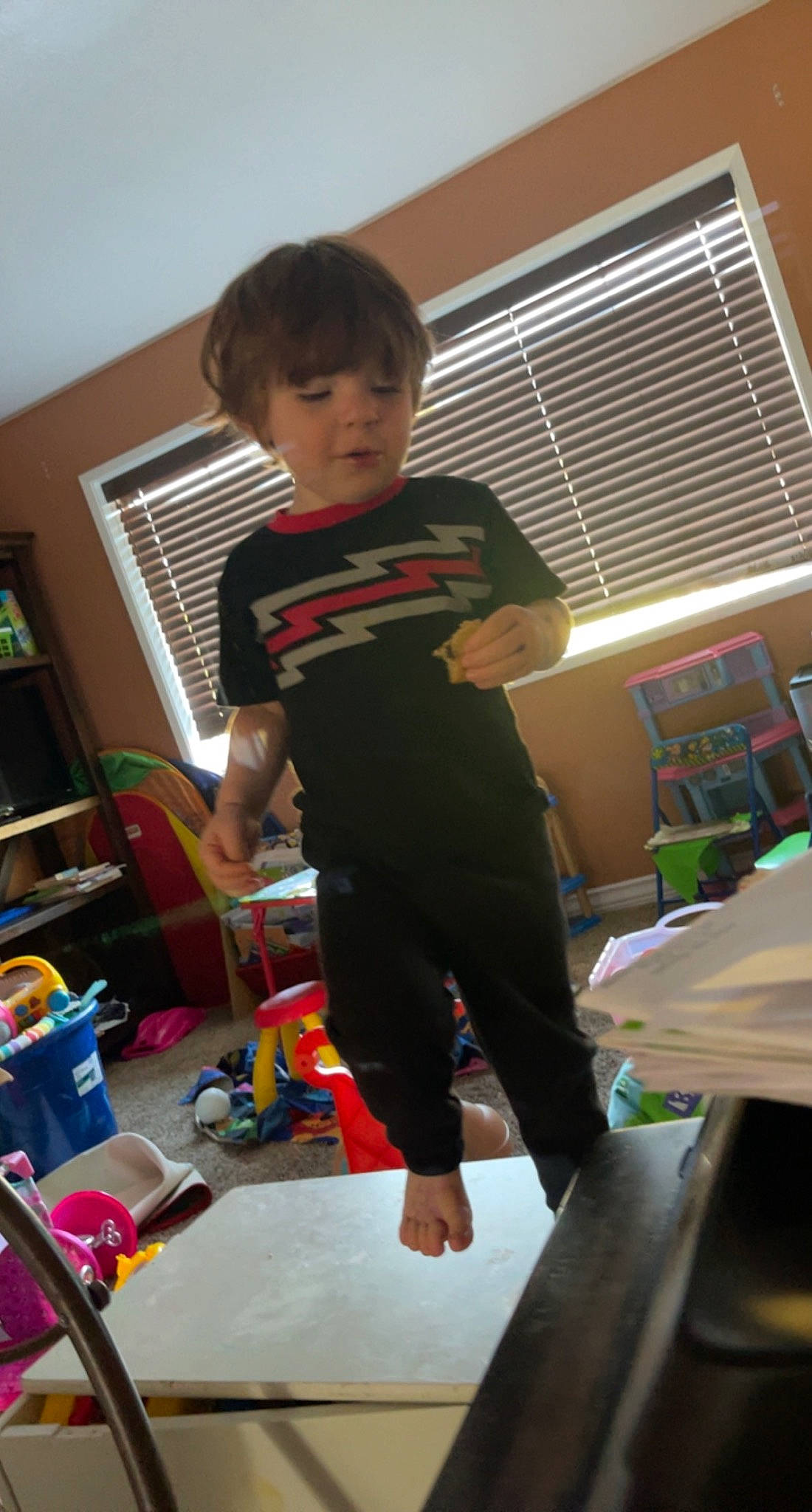 Ashton joined the competition — help win amazing prizes! child, event, fashion_design, flooring, fun, pajamas, person, play, room, sleeve, sweatpant, t_shirt, toddler, window_blind