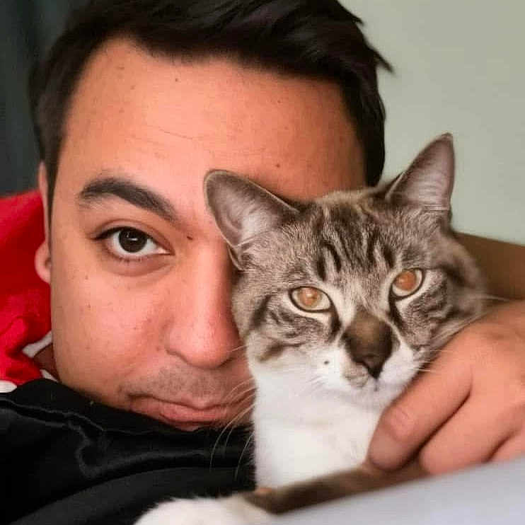 Ghost joined the competition — help win amazing prizes! man, cat, face, pet, animal, cuddle, close_up, indoor, portrait, brown_eyes, fur, whiskers, human, friendship, comfort, relaxation, domestic_animal, looking_at_camera, head, hand