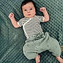 Eylan participe au concours pour gagner de l'argent avec cette photo : baby, baby_girl_or_boy, casual_clothing, child, curious_expression, cute, fist, indoor, infant, lying_down, one_person, pants, person, portrait, relaxed, small_hands, soft_lighting, striped_clothing, textured_mat, wide_eyes