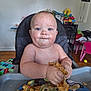 Alexander joined the competition — help win amazing prizes! baby, high_chair, pancake, food, messy, blue_eyes, indoor, child, toddler, plate, hands, table, toy, playroom, furniture, wood_floor, expression, face, skin, person