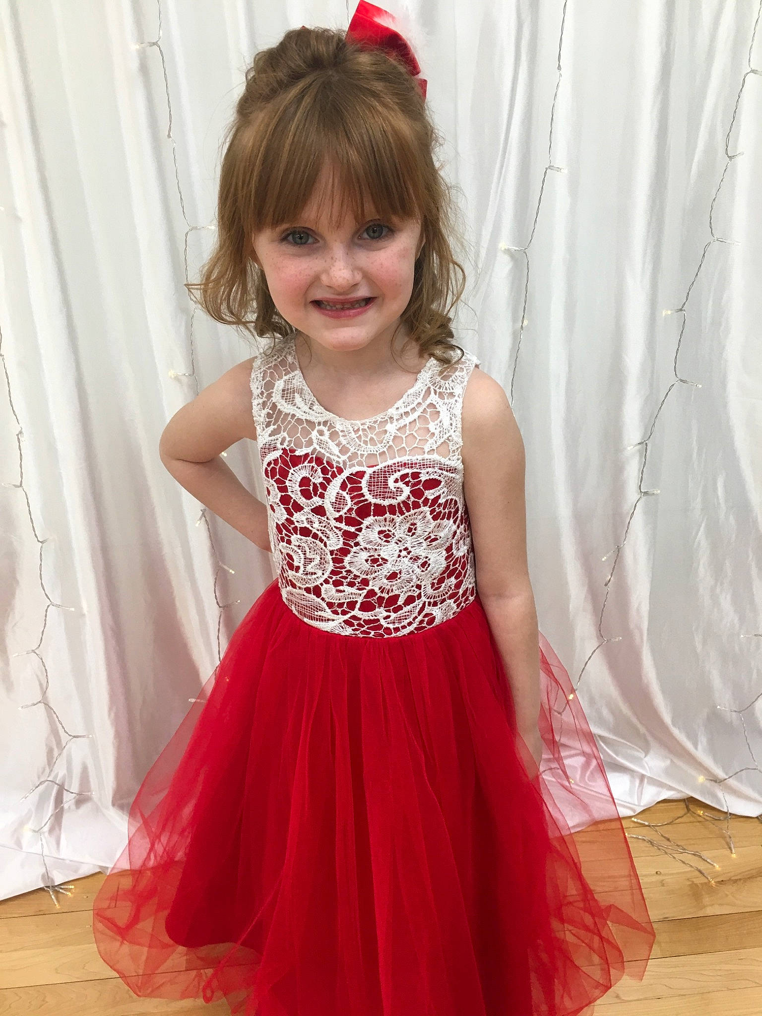 Kayleen is registered to the contest to win money with this photo: a_line, bridal_party_dress, child, child_model, clothing, cocktail_dress, costume, day_dress, dress, fashion_design, flower_girl, formal_wear, gown, joy, pattern, person, red, sleeve, toddler