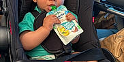 Naël participe au concours pour gagner de l'argent avec cette photo : baby, black_car_seat, car_interior, car_seat, child, child_safety, clothing, cute, feet, food_pouch, green_shirt, hands, infant, legs, natural_light, portrait, seatbelt, sitting, toy_ball, vehicle