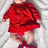 adorable, baby, blanket, booties, child, clothing, cute, face, fashion, headband, indoor, infant, lying_down, peaceful, portrait, red_dress, small_feet, small_hands, soft_texture, white_background
