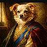 dog, portrait, costume, historical_clothing, royal, sash, decorative, pet, animal, indoor, painting_style, fur, ears, face, noble, art, classical, luxury, expression, pose
