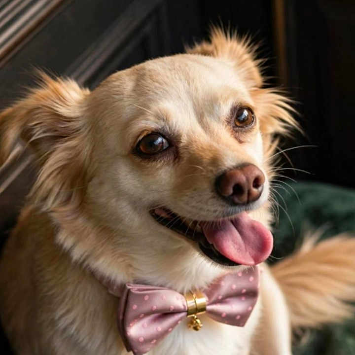 Brittany Spears joined the competition — help win amazing prizes! dog, puppy, pet, animal, portrait, close_up, happy, smiling, tongue, bow_tie, pink, fluffy, long_hair, brown_fur, sitting, indoors, blanket, wood_paneling, adorable, photography