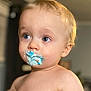 toddler, child, blue_eyes, frosting, messy_face, indoor, portrait, shirtless, blond_hair, closeup, baby, face, expression, cute, young_child, skin, person, food, snack, innocent