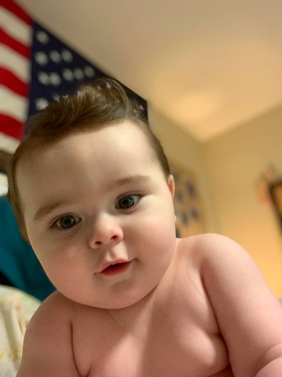 Finnley joined the competition — help win amazing prizes! baby, cheek, chest, chin, eye, eyelash, flag, flag_of_the_united_states, forehead, hair, human_body, iris, jaw, lip, mouth, muscle, nose, person, skin, stomach