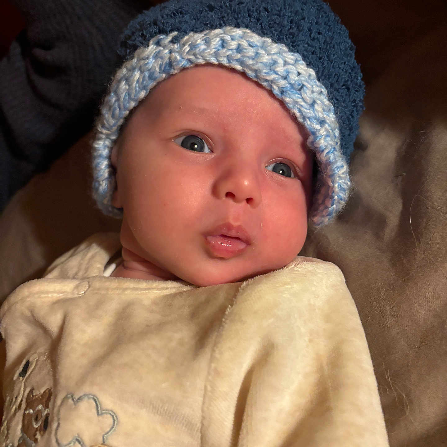 Achille participe au concours pour gagner de l'argent avec cette photo : apparel, baby, child, closeup, clothing, cozy, cute, drool, expression, face, hat, headwear, indoor, infant, knitted_hat, newborn, person, portrait, soft_lighting, warm