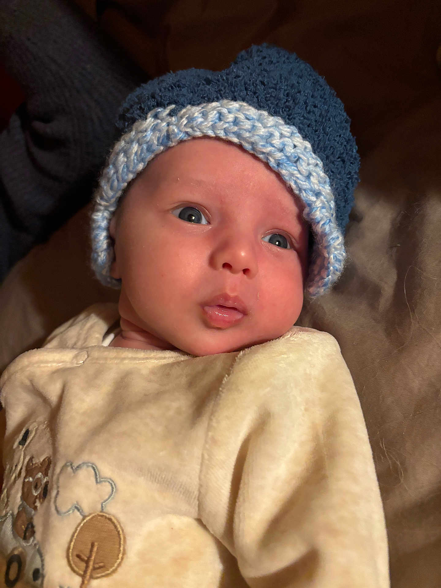 Achille participe au concours pour gagner de l'argent avec cette photo : baby, infant, hat, knitted_hat, clothing, drool, face, portrait, indoor, soft_lighting, cute, child, expression, newborn, warm, cozy, apparel, closeup, headwear, person