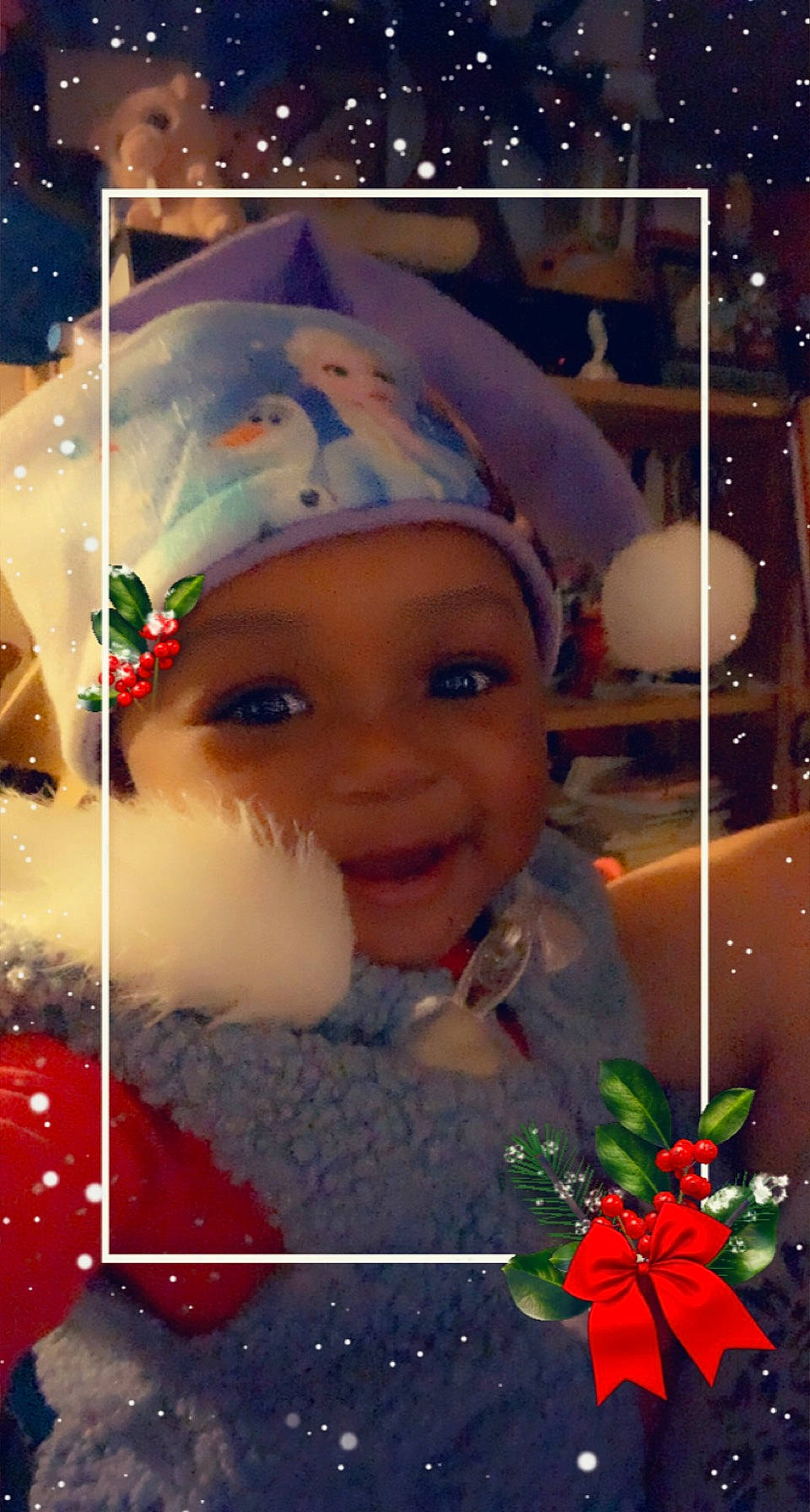 Khloe joined the competition — help win amazing prizes! baby, christmas, christmas_decoration, christmas_eve, christmas_lights, costume_accessory, costume_hat, event, fictional_character, happy, headwear, holiday, holiday_ornament, ornament, party_supply, person, pleased, ribbon, rose_family, space