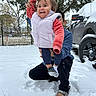 Lilly is registered to the contest to win money with this photo: baby, child, infant, smiling, happy, outdoor, snow, winter, snowy, family, adult, parent, holding, cuddling, pink_jacket, winter_clothing, pickup_truck, vehicle, trees, fence