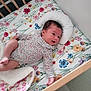 Lyana a rejoint le concours — aidez-le/la à gagner de superbes lots ! baby, crib, floral_mattress, pillow, blanket, pacifier, wooden_bars, onesie, smiling, infant, floor, clothing, sleeping_area, child, cute, resting, indoors, colorful, soft, person