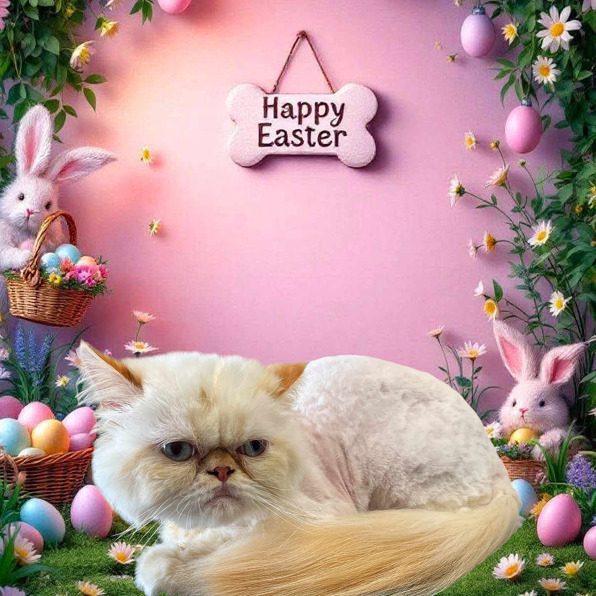 Sophies joined the competition — help win amazing prizes! cat, easter, holiday, pink_background, grass, flowers, easter_eggs, plush_bunny, basket, sign, decorations, spring, festive, cute, animal, fur, shaved_cat, pastel_colors, greenery, indoor