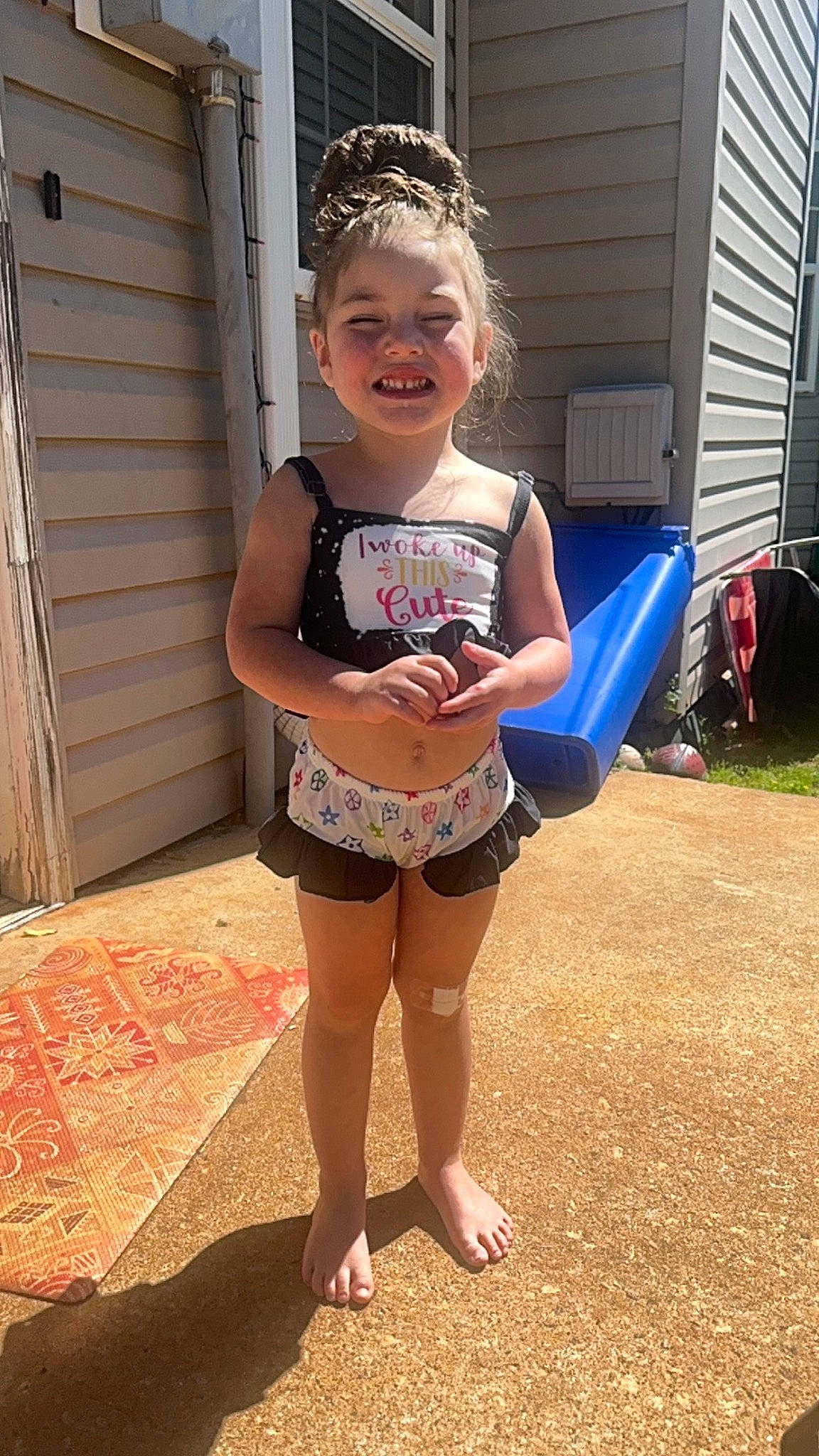 Ariyah joined the competition — help win amazing prizes! barefoot, blond, crown, electric_blue, eyewear, fun, happy, human_leg, jean_short, knee, person, pink, recreation, smile, standing, summer, thigh, tiara, toddler, trunk