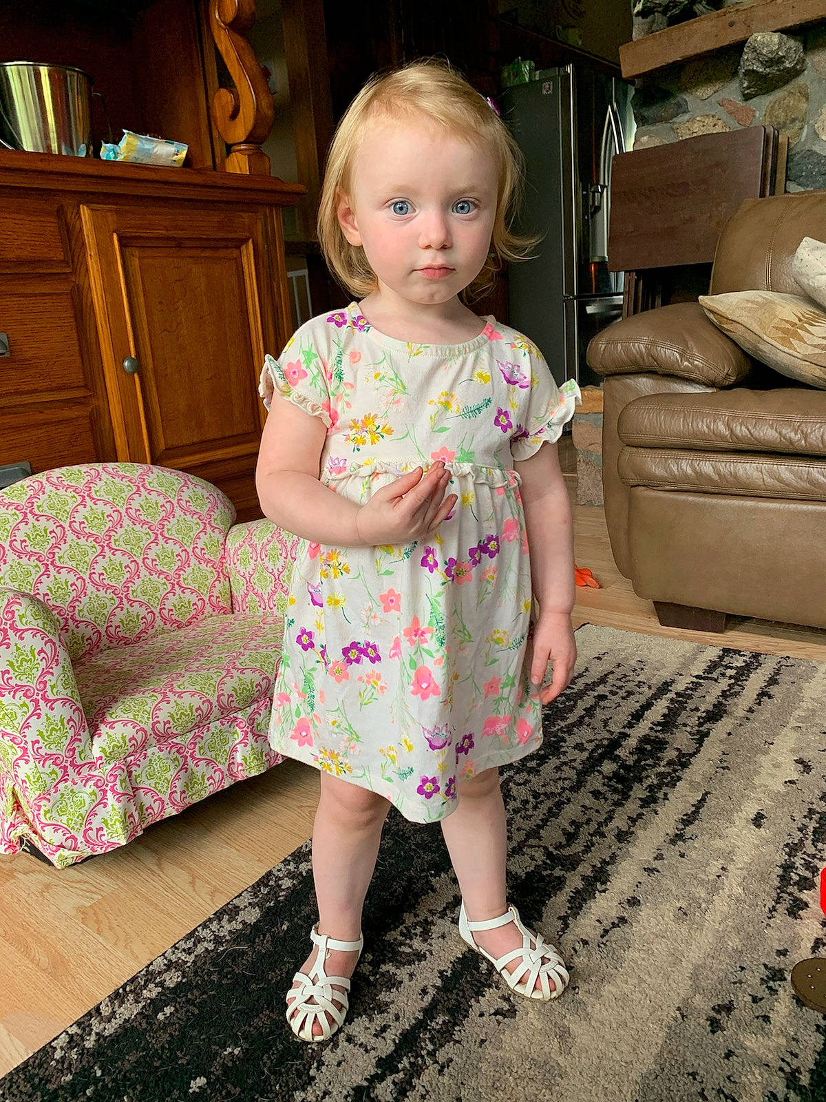 Annika joined the competition — help win amazing prizes! child, dress, furniture, person, pink, play, sitting, toddler, vacation