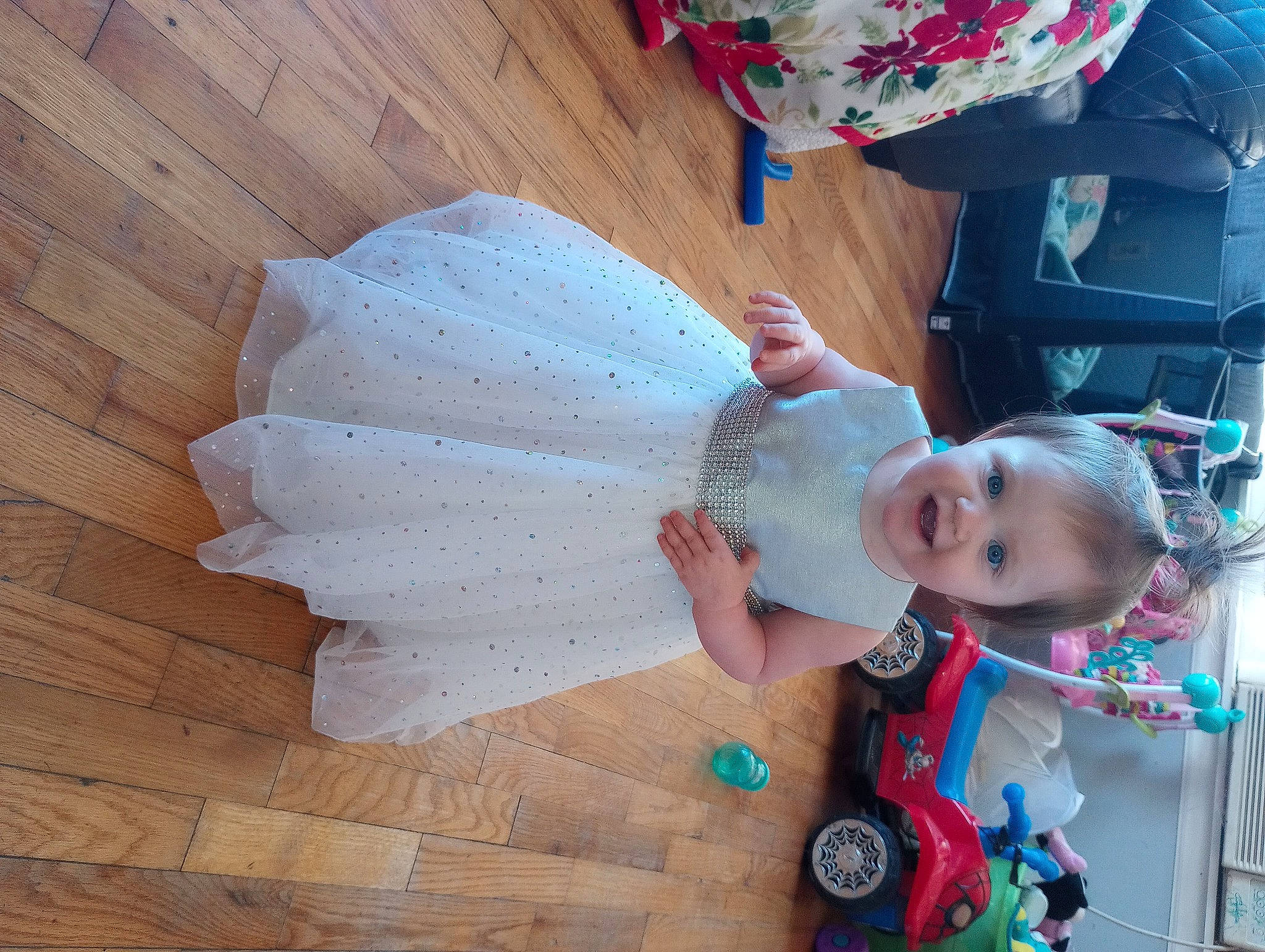 Jasmine joined the competition — help win amazing prizes! baby, baby_products, baby_toddler_clothing, bridal_accessory, child, dress, event, fashion_accessory, flooring, fun, happy, hardwood, pattern, person, pink, room, smile, toddler, wood, wood_flooring