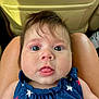 baby, child, face, portrait, blue_outfit, stars, tongue_out, skin, hair, eyes, person, infant, closeup, sitting, car_interior, seat, legs, cute, young, expression